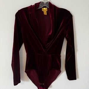 H&M Velvet Plunge Bodysuit Deep Burgundy Wine Long Sleeve Size 8 Holiday Luxe
